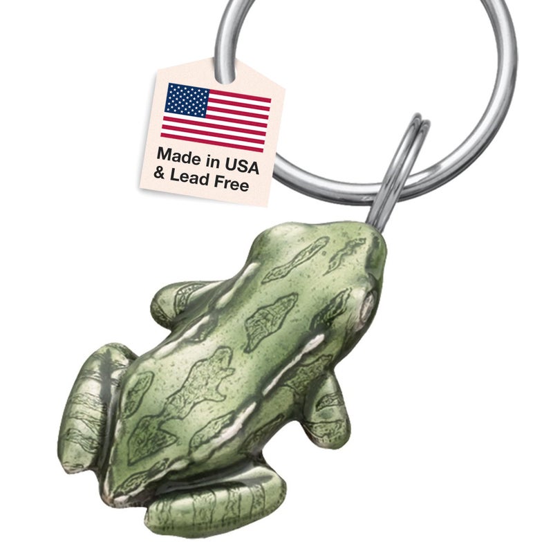 DANFORTH - Green Frog Keychain, Handcrafted Pewter Bullfrog - 1" x 1 3/4" - Made in USA - Image 1
